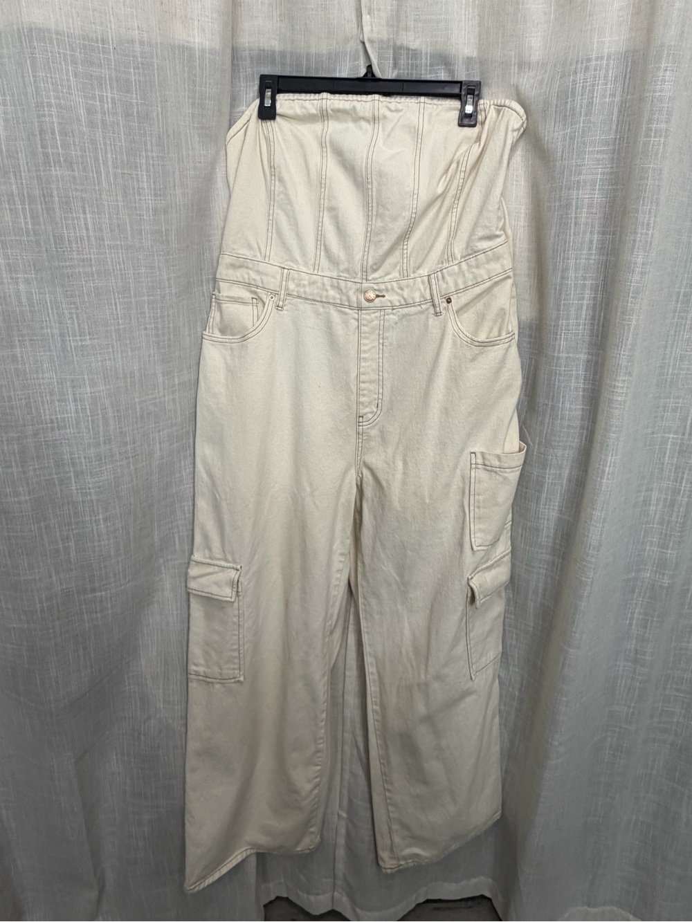 Strapless Denim Cargo Wide-Leg Jumpsuit - Cream